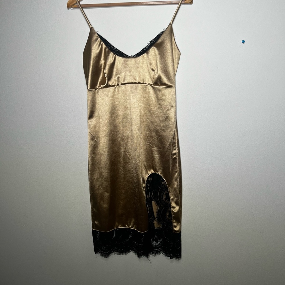 Gold Satin Mini Dress with Black Lace